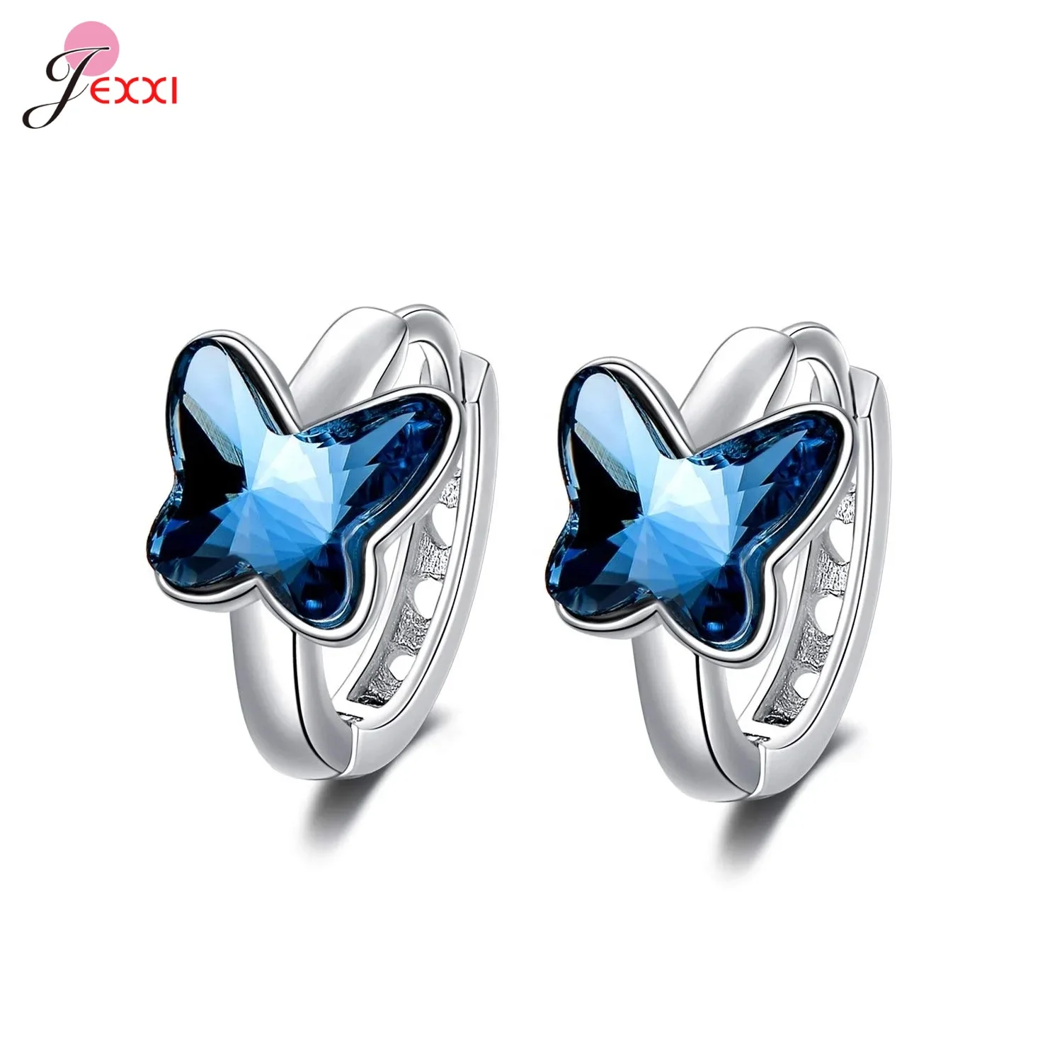 

925 Sterling Silver Butterfly Inlaid Blue Zircon Women Hoop Earrings Fashion C-shaped Earring Gold Plated Metal Jewelry