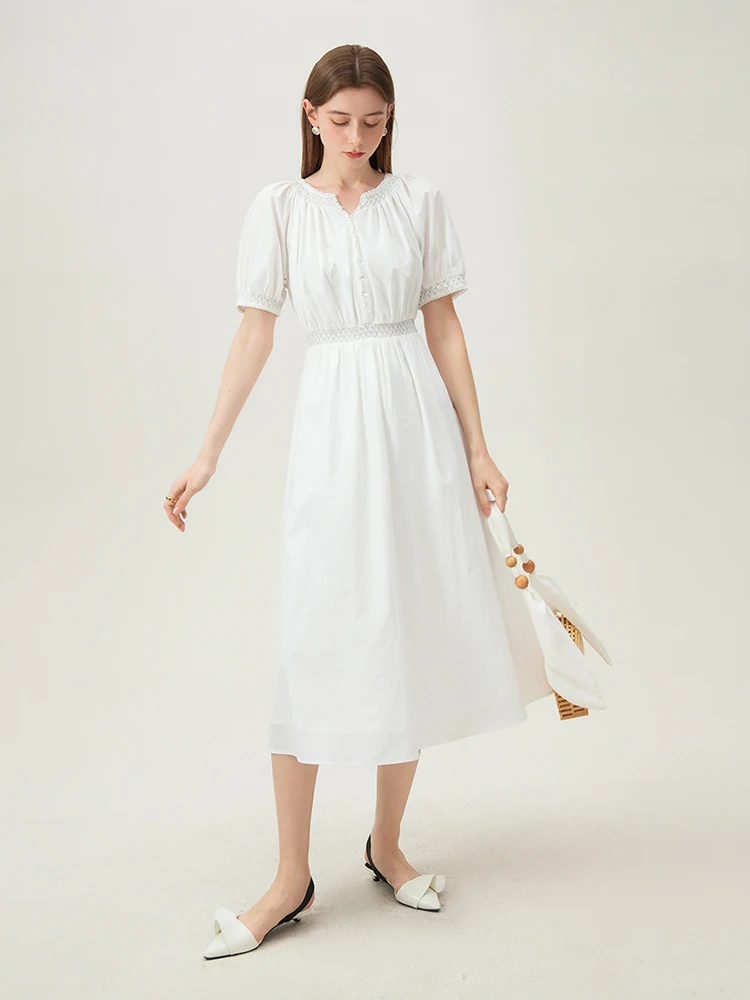 

FSLE Exquisite French Style Holiday Casual Commuting White Long Dress For Women 2024 Summer New Round Neck Female Dress24FS12223