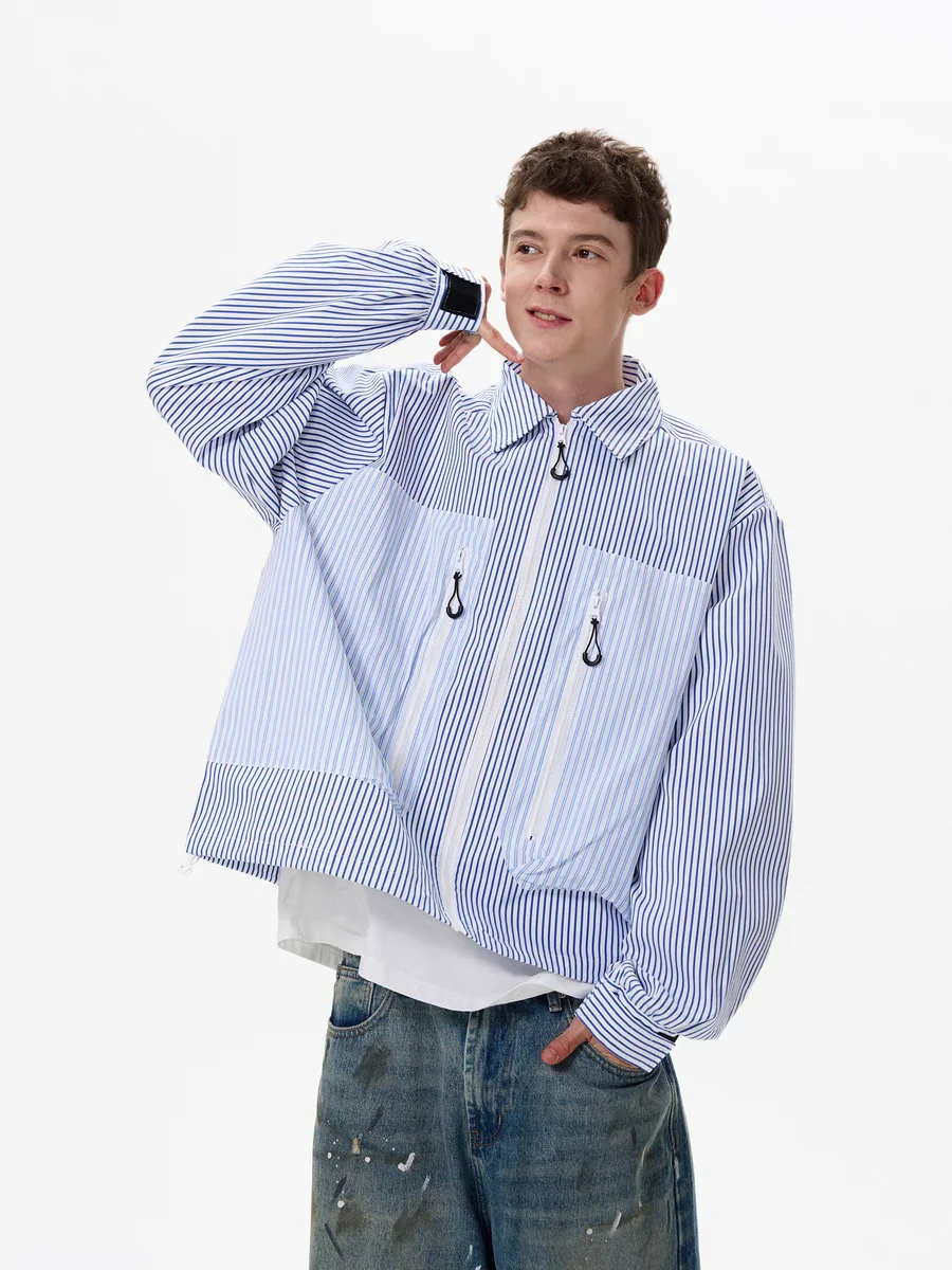 Retro Striped American Trendy Brand Men's Casual Shirt Jacket Spring Autumn Loose Fit Color Block Design Breathable Outerwear