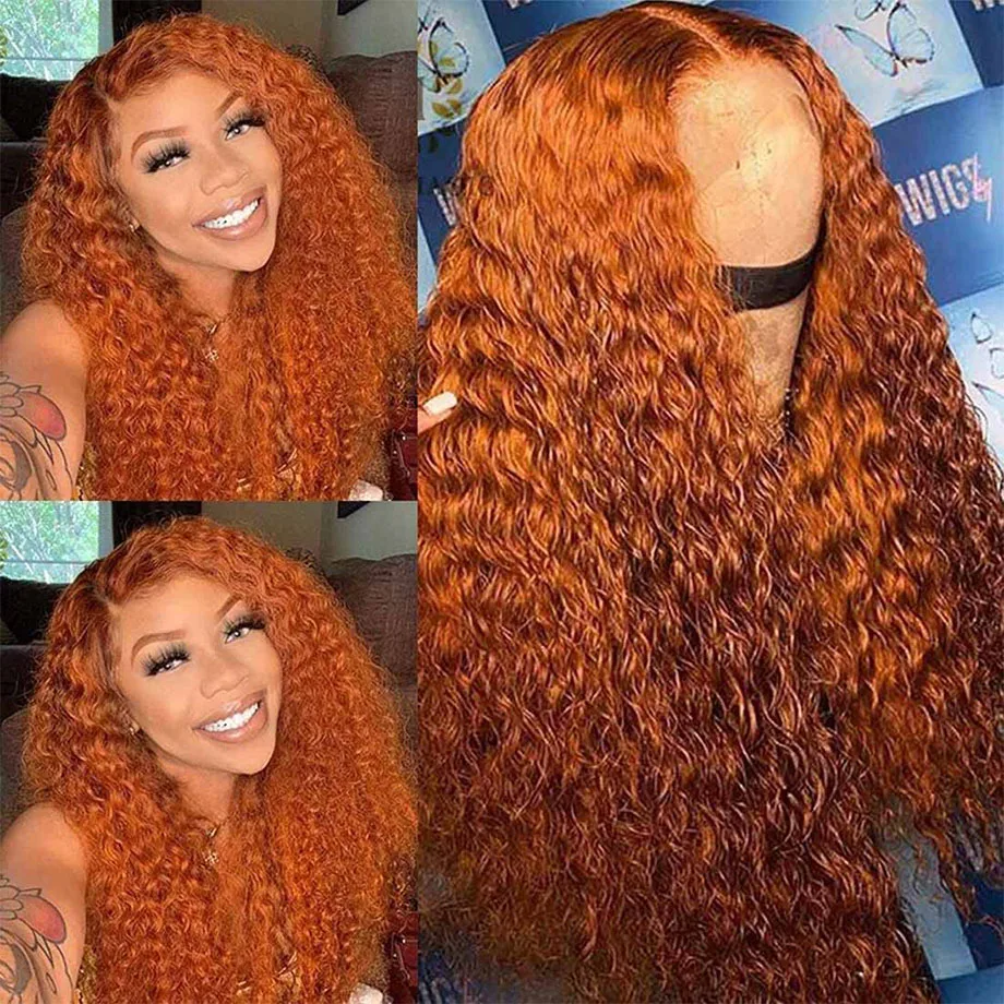

200% Density Orange Ginger 350 Deep Wave 13x6 HD Transparent Lace wigs Frontal Wigs Brazilian Virgin Curly Hair Pre plucked Wigs