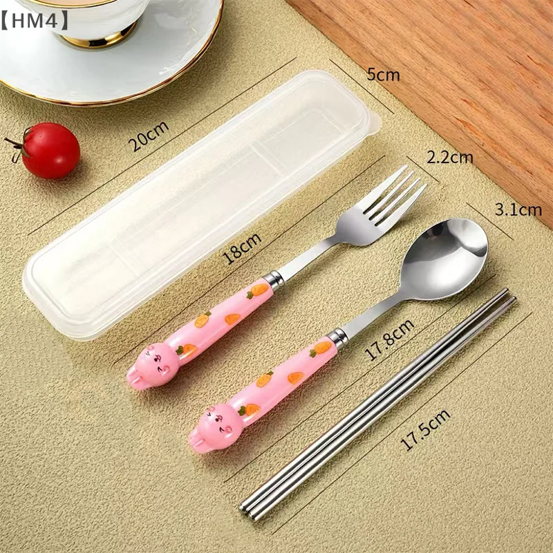 ómHM4 Parque3pcs Schattig Konijn Kinderen Lepel Vorken Eetstokjes Met Doos Roestvrij Stalen Bestek Draagbare Gebruiksvoorwerpen Servies Set