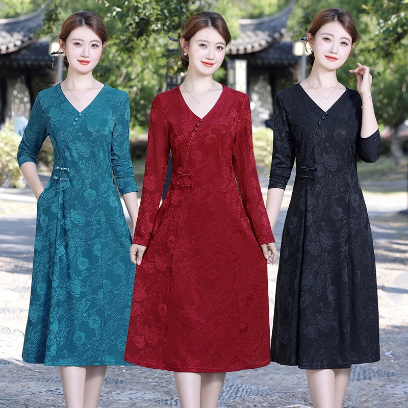 중년 노인 여성을위한 우아한 유행 가을 드레스 느슨한 핏 슬리밍 긴 소매 어머니의 플러스 사이즈