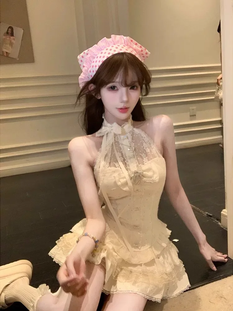 

Spicy Girl Pure Desire Hanging Ne Top Cake Skirt Set Women Summer Beautiful Sweet And Spicy Matching Lace Splice Skirt