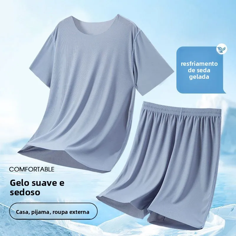 Conjunto de Pijama Masculino de Seda Gelada, Gola Redonda, Manga Curta, Leve e Casual, Roupa de Casa Confortável para Jovens ...
