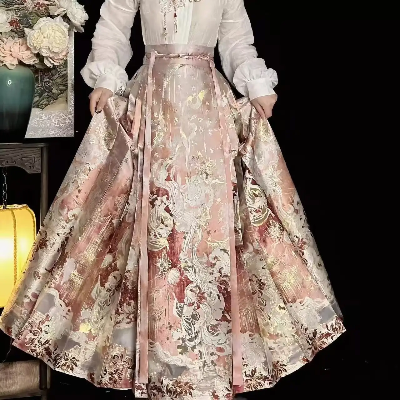 gold-woven-hanfu-dress-women's-traditional-chinese-ming-dynasty-horse-face-skirt-vintage-high-waist-skirts-cosplay-daily-wear
