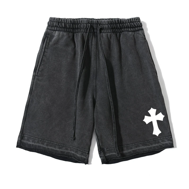 Cross Print Vintage Washed Cotton Shorts for Men Christian Casual Shorts with Pockets Drawstring Waist Gym Workout Track Shorts