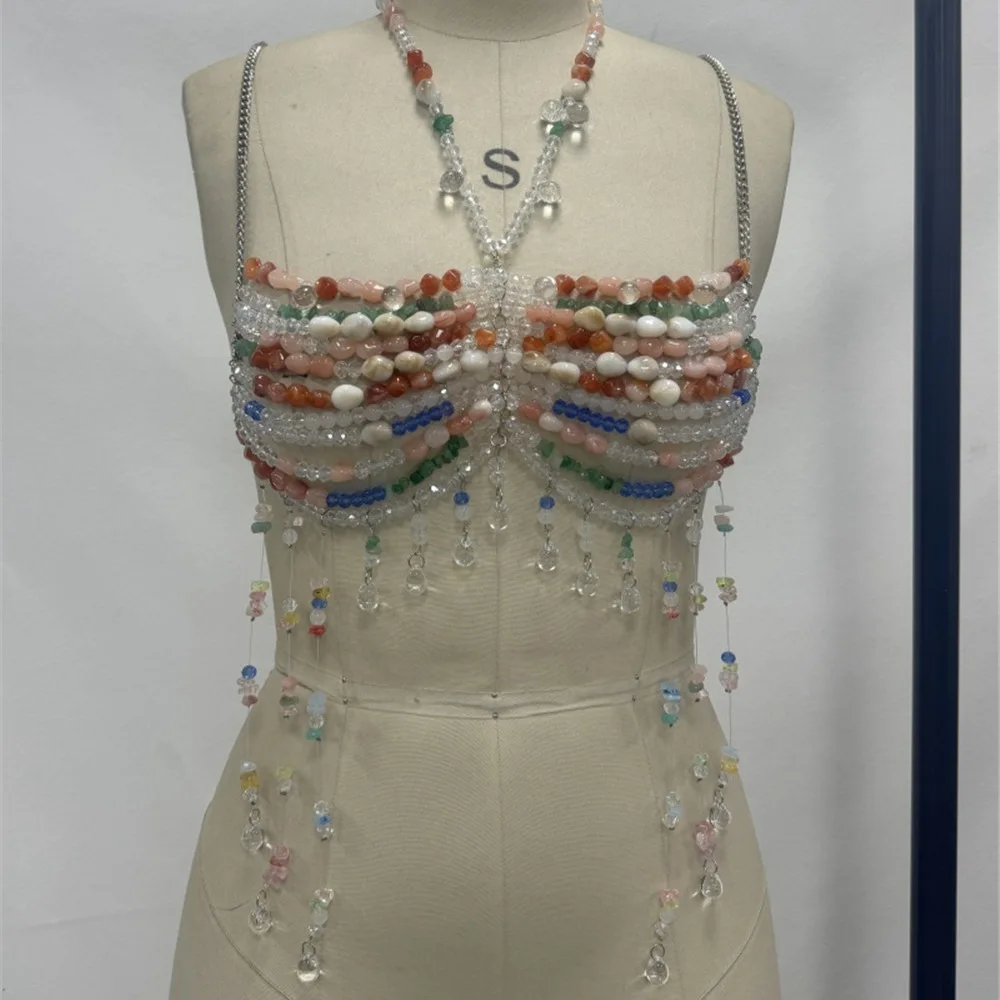 Sexy Gradient Glass Beaded Top Bra Heavy Color Beads Cutout Neck Body Chain For Beach Party Holiday Vacation