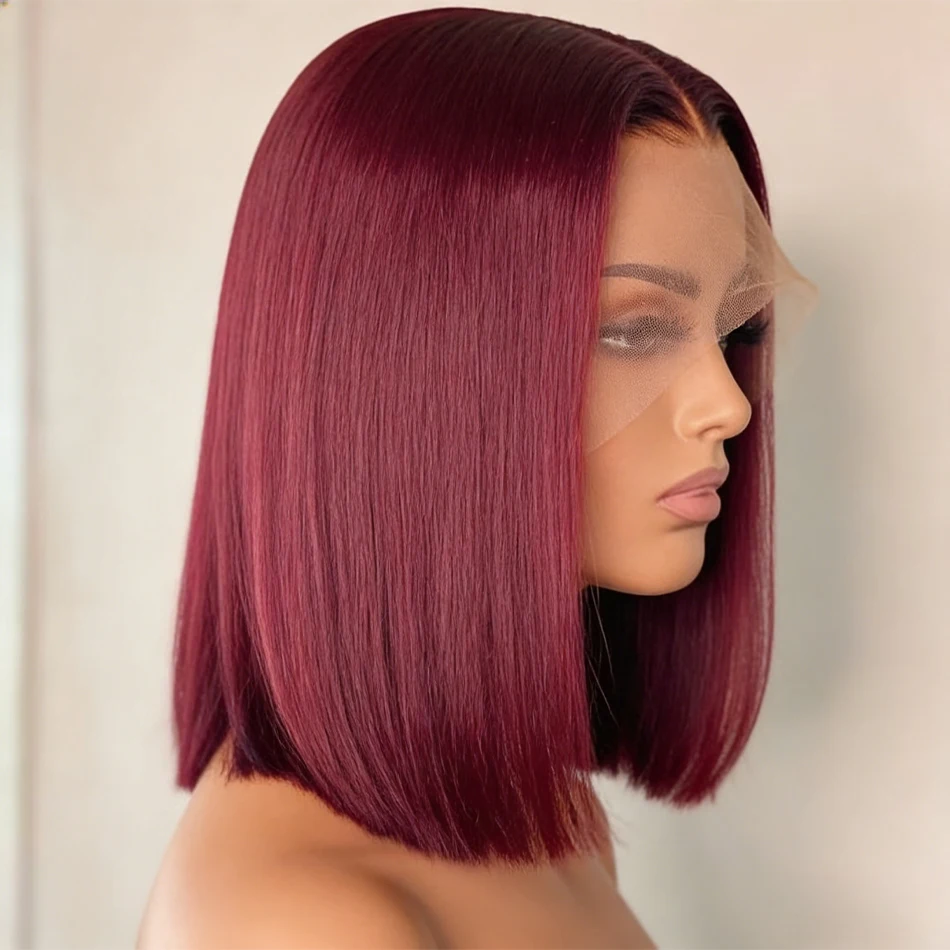 99J Burgundy Bone Straight 13x4 Transparent Lace Front Wigs Short Bob Wig Preplucked Lace Frontal Wig Red Colored 100% Human Hair 230% Density