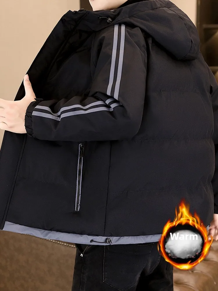 

Men's Winter Thiened Warmth down Cotton Jaet Zipper Decoration Long Sve Hooded Coat Youth Trendy High Quali Feeling