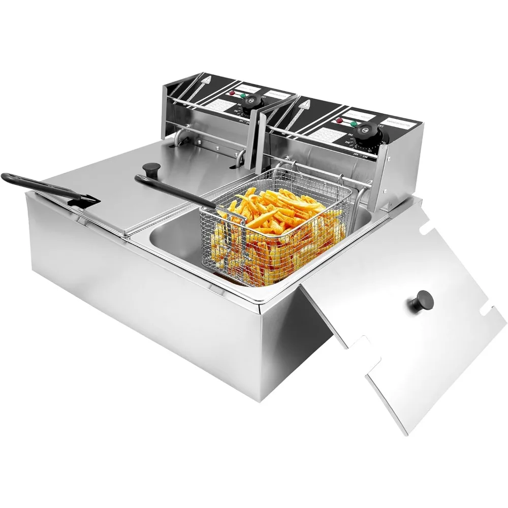 

Commercial Electric Deep Fryer with Baskets and Lids, 12.7 Quart Stainless Steel Countertop Frying Machine
