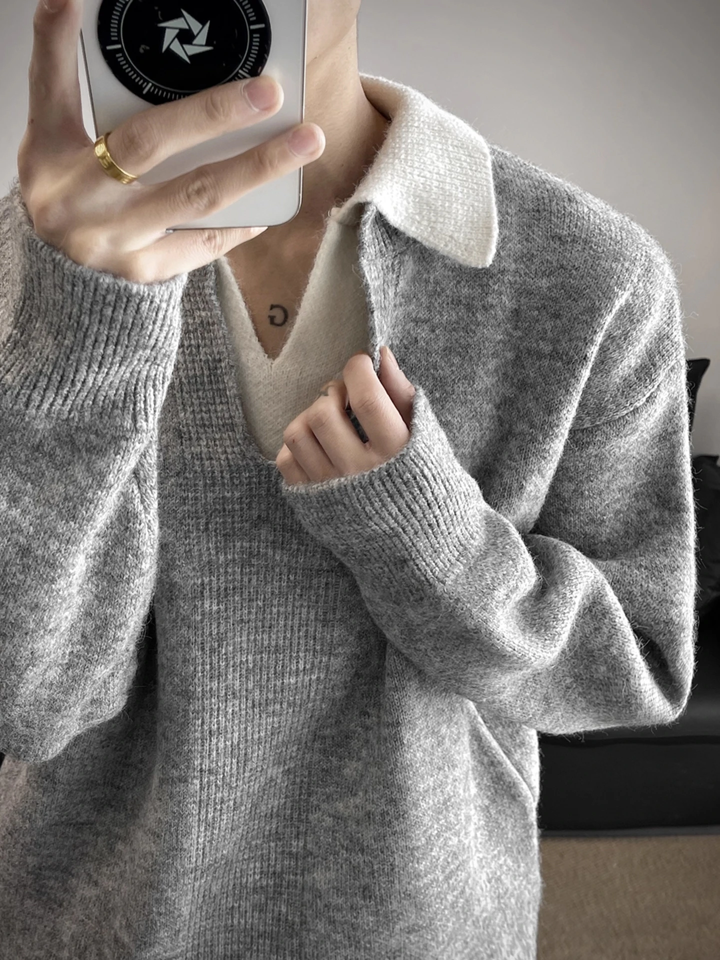 

American Retro Men's Thiened Loose Knitted Sweater Collared Winter Faion Casual Polyester Fiber Long Sve Crew Ne