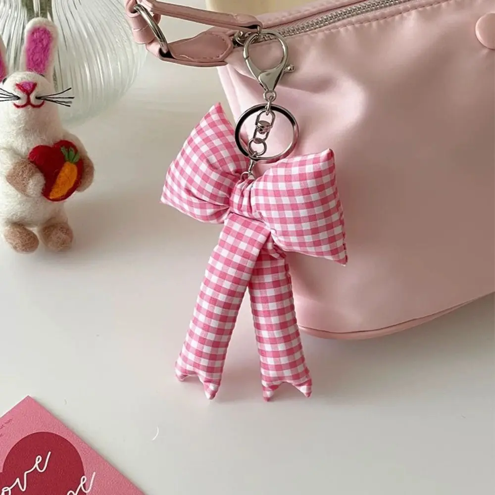 Y2K Pink Puff Grid Bowknot Bag Charms Keychain Trendy 3D Bowknot Keyring Pink Blue Plaid Bow Handbag Pendant Fashion Accessories