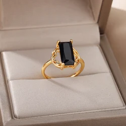 Black Rectangle Zircon Rings for Women Open Stainless Steel Adjustable Ring Couple Wedding Aesthetic Jewelry Gift Anillos Mujer