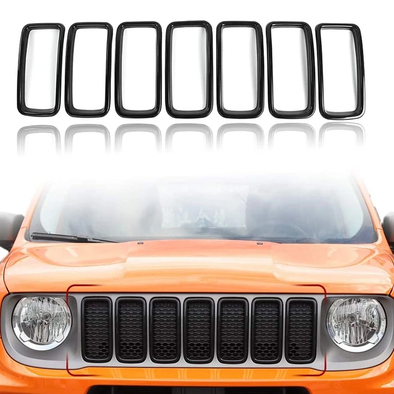 for Jeep Renegade 2019 2020 Front Grille Inserts, Exterior Accessories ABS Black 7 Pack