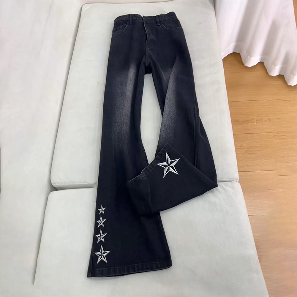 

Embroidered Stars Jeans for Women Men Y2K Style High Waits Narrow Straight Flared Denim Pants Washed Black Jeans Streetwear