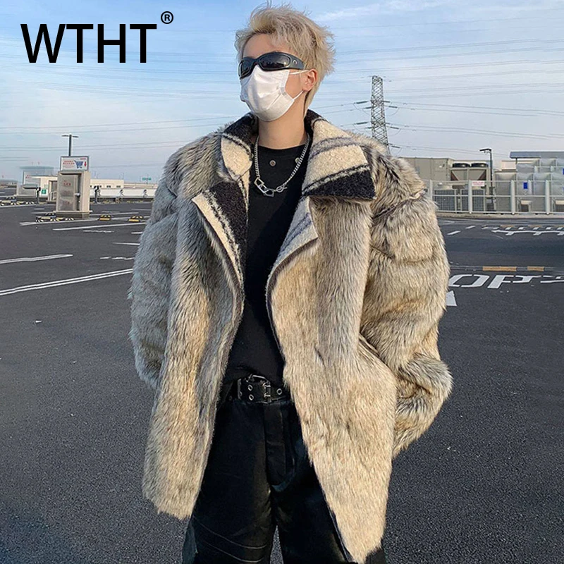 

WTHT Fashion Men's Spliced Contrast Color Thicken Faux Fur Coats Trendy 2026 Spring Turn Down Collar Loose Jackets Male 2A2764