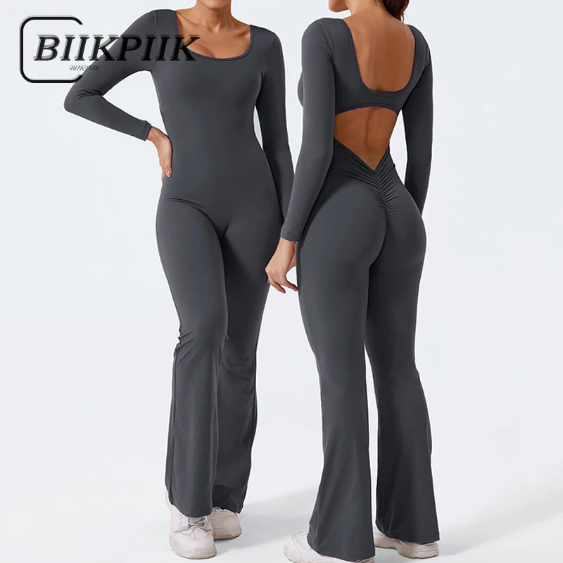 BIIKPIIK Sexy Hollow Out Skinny Jumpsuits For Women Sporty Fitness Yoga Rompers Long Sleeve Solid Shirring Flare Overalls Autumn