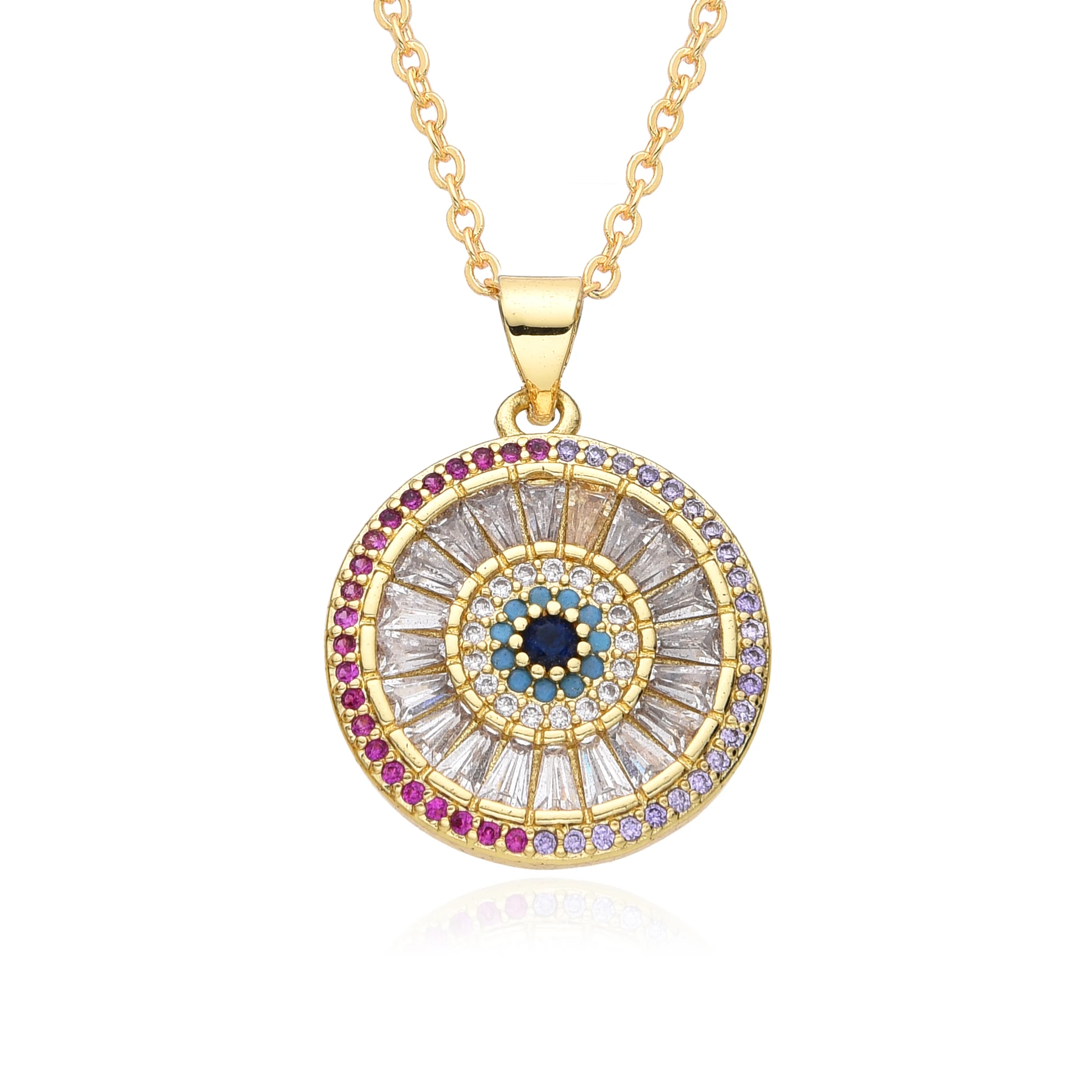Gold Color Round Coin Charms Colorful Full Inlaid CZ Necklace for Women Choker Chain Pendant DIY Jewelry Accessories Wholesale