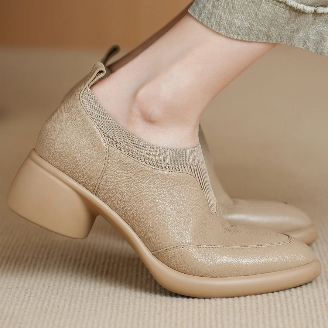 

danxuefei 2026 spring new women's sheepskin stretch knit patchwork round toe slip-on pumps5m thick med heel casual heels shoes