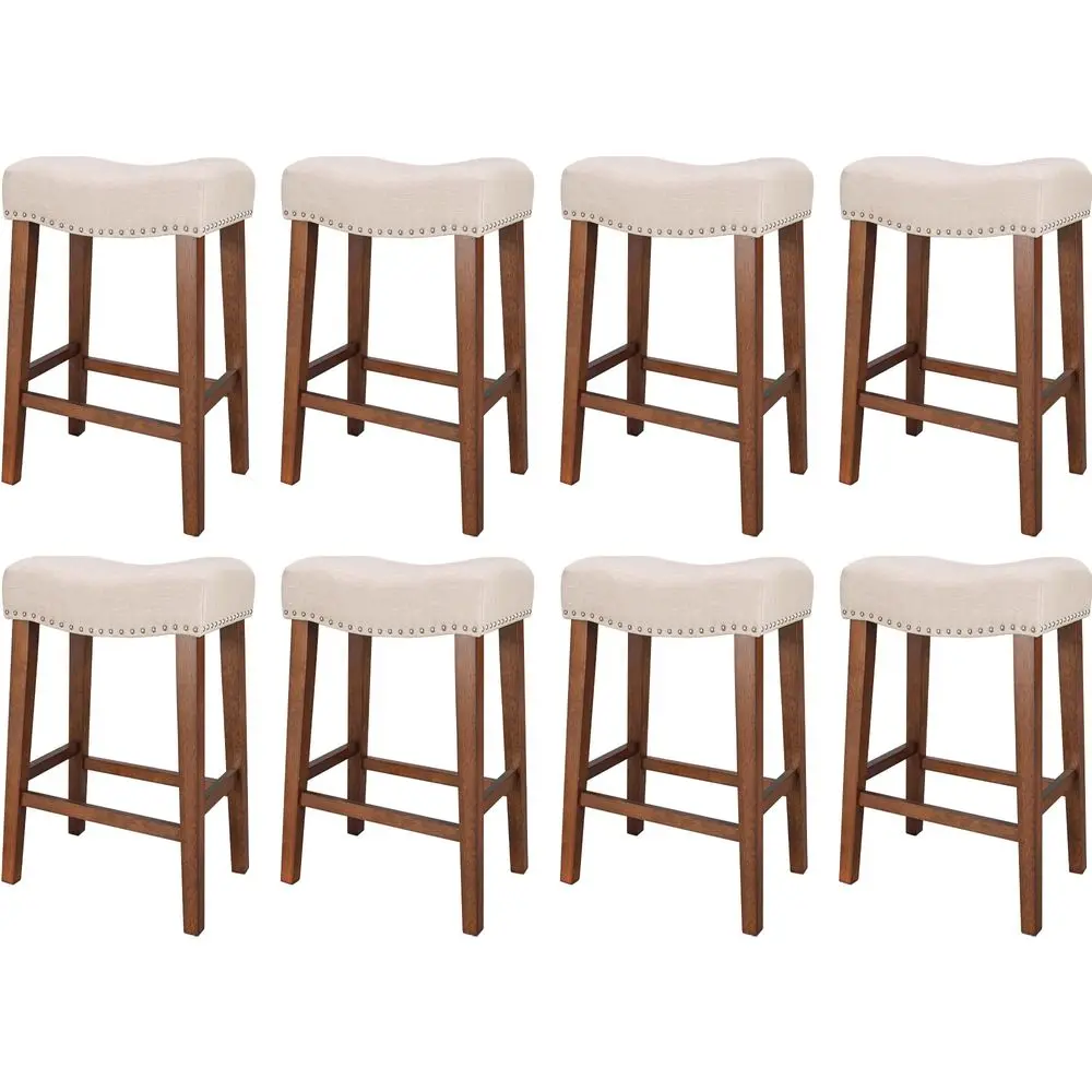 

Counter Height Bar Stools Set of 8 Backless Saddle Barstools with 4.3 Thick holstered, Nailhead Trim Linen Fabric amp Solid W