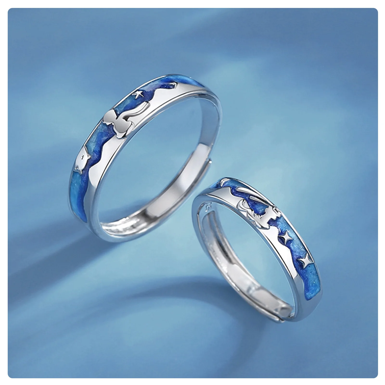 Adjustable Open Couple Rings Deep Blue Starry Sky Silhouette Enamel Matching Ring Set