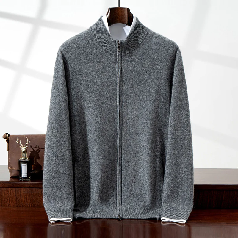 Nowy męski kardigan z dzianiny z kaszmirem 100%, z golfem, zapinany na podwójny zamek, jednolity kolor, z kieszeniami, ciepły płaszcz, kolekcja Jesień-Zima 25.