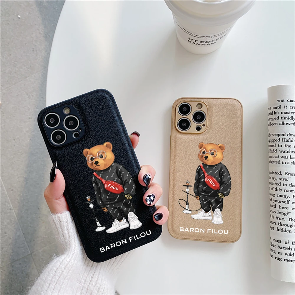 Baron Filou Leather Phone Case For Iphone 15 14 Plus 13 12 11 Pro Max X Xr 7 Cover Luxury Funda Cases Tide Street Bear Carcasa