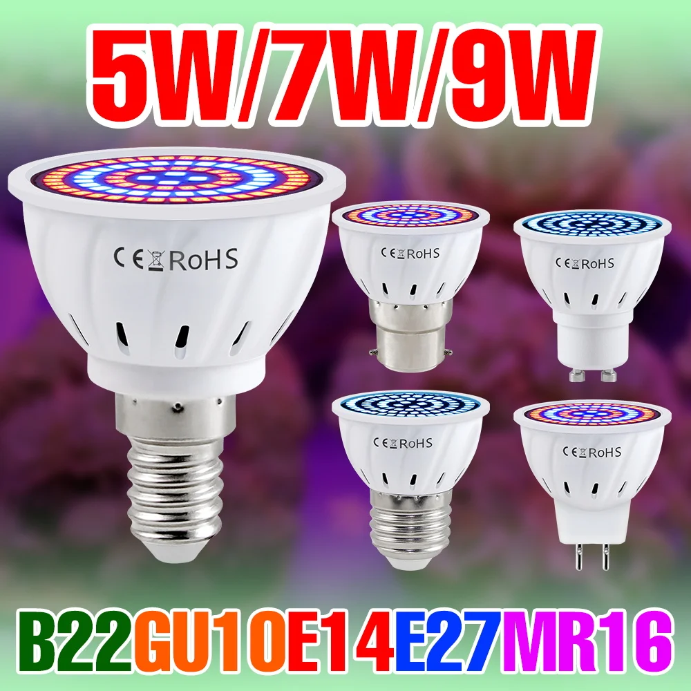 

E27 LED 220V Grow Light Bulb E14 Full Spectrum Cultivation Lamp GU10 Plant Spotlight MR16 5W 7W 9W For Indoor Flower Growbox B22
