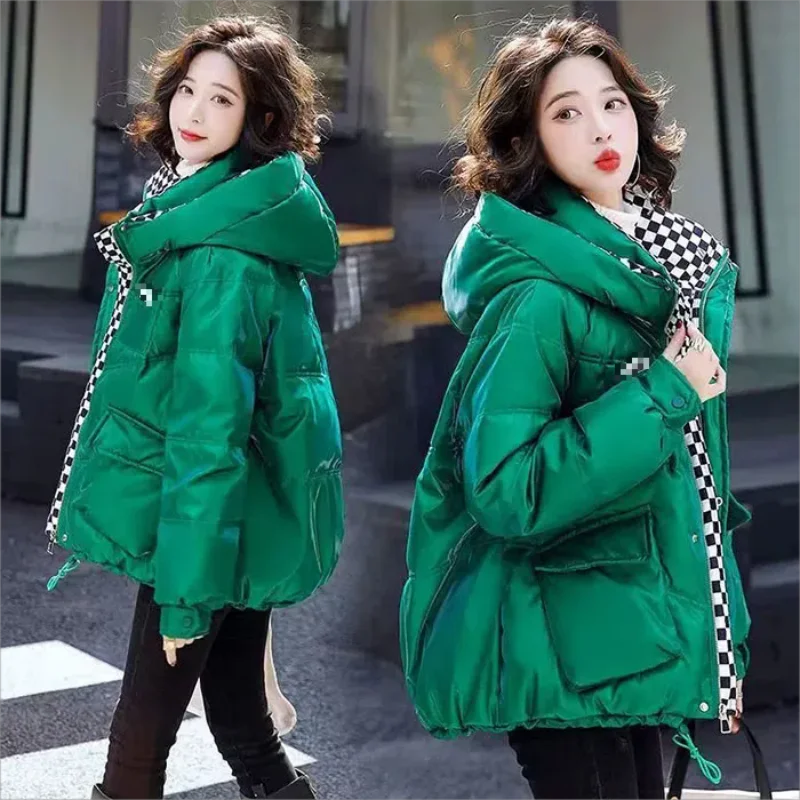 Chaqueta de plumón de algodón brillante para mujer, abrigo grueso y cálido con capucha, Parka de manga larga, abrigo coreano de gran tamaño, verde y azul