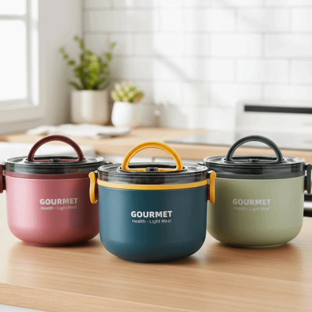 

304 Stainless Steel Thermal Lunch Box Double Layered 1000/1600ml Insulated Circular Lunch Box Detachable Drop-proof