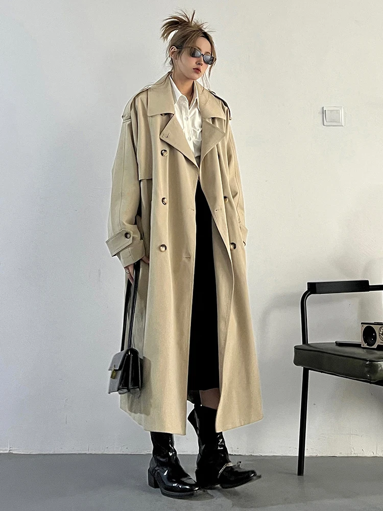 YERMORA Apricot Belted Big Size Trench Women New Lapel Long Sleeve Loose Fit Windbreaker Fashion Tide Spring Autumn 2024