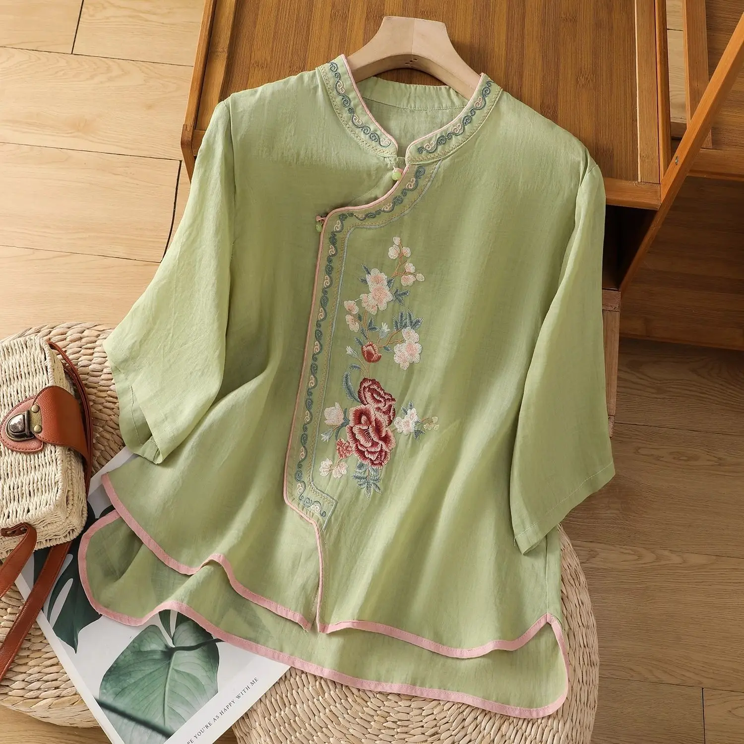 Women's Summer Cotton Linen Ethnic Style Embroidery Chinese Shirt, Frog Button Stand Collar Chinese Tops Traditional Blouse