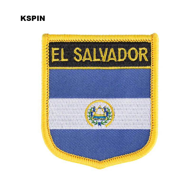 

El Salvador Flag Shield Shape Iron on Embroidery Patches Saw on Transfer Patches Sewing Applications for Clothes Back Pac