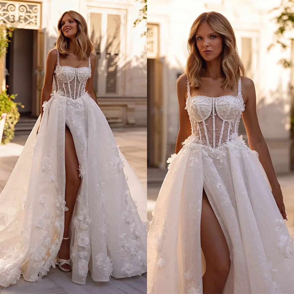 

Fashion Women Wedding Dress Spaghetti Strap Sleeveless Bridal Gowns Pearls Appliques Split Side Sweep Train Dress Customized