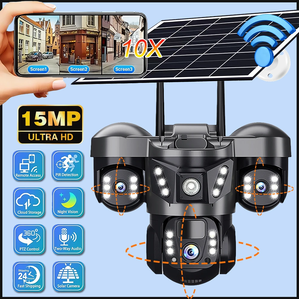 V380 Pro, telecamera di sicurezza per esterni con visione notturna, dotata di 3 obiettivi, tecnologia AI, connettività Wi-Fi e pannello solare, con fu