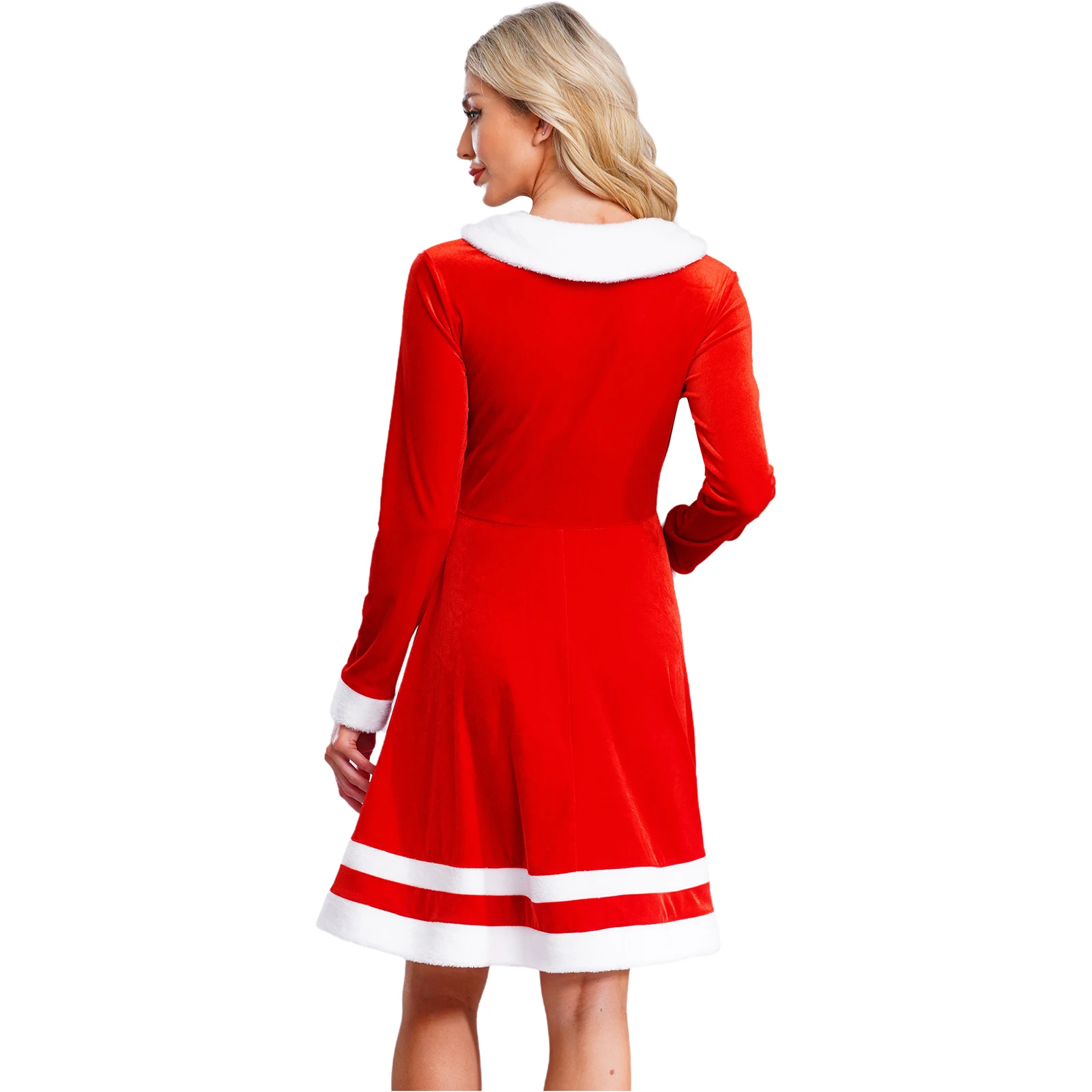 Women Xmas Cosplay Santa Dress Contrast Color V-Neck Long Sleeve Cinched Waist Design Christmas Costume for Festival Parties