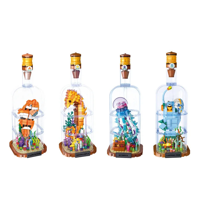 

iDEA Bricks Sea Animals IN Drift Bottle Building Block Clownfish Seahorse Lanternfish Jellyfish Educational Toy With Light