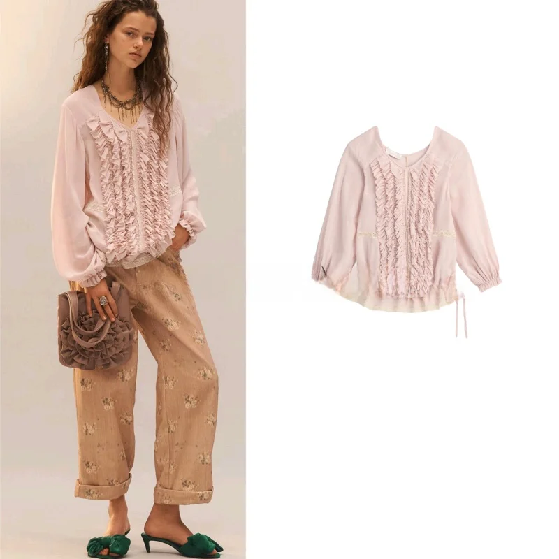 

Spring New Arrival Women's Shirt Knot round Neck Long Sleeve Layered Decoration Color Block Lace Top Commute Style ...