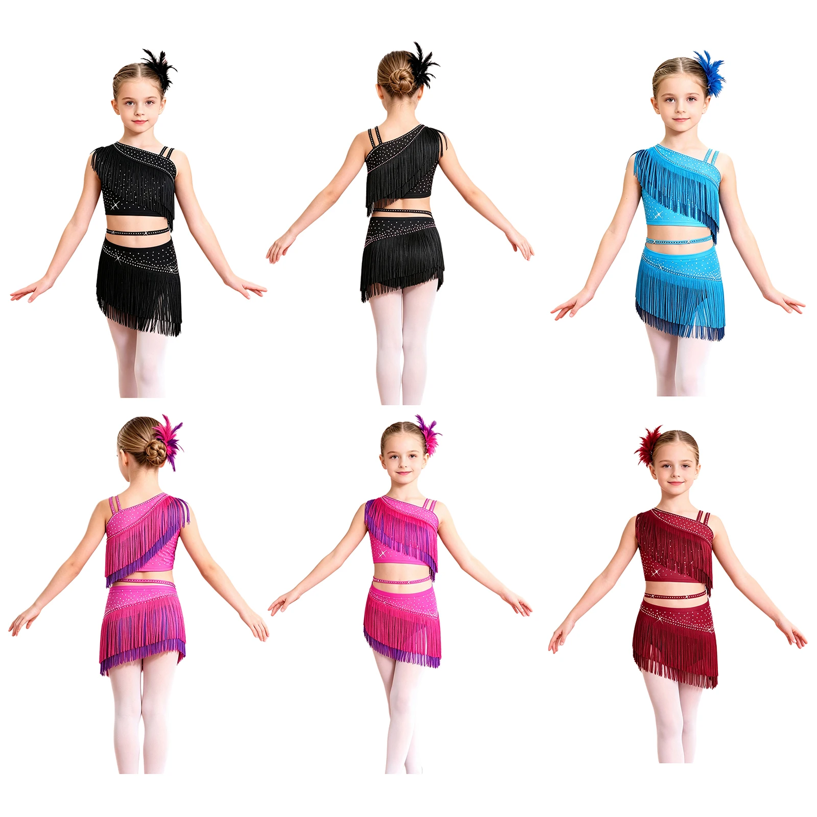 Children Girl Shiny Rhinestone Tassel Latin Dance Costume Crop Top with Culottes Cha-cha Tango Samba Rumba Salsa Ballroom Outfit
