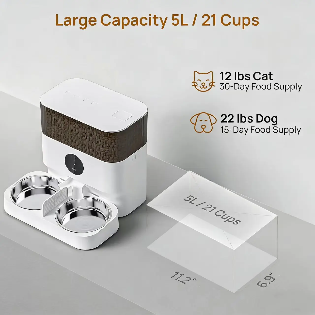 Automatic WiFi pet feeder, can accommodate 2 pets, capacity 5 liters, bowl height adjustable, smart dog and cat feeder with 2 st