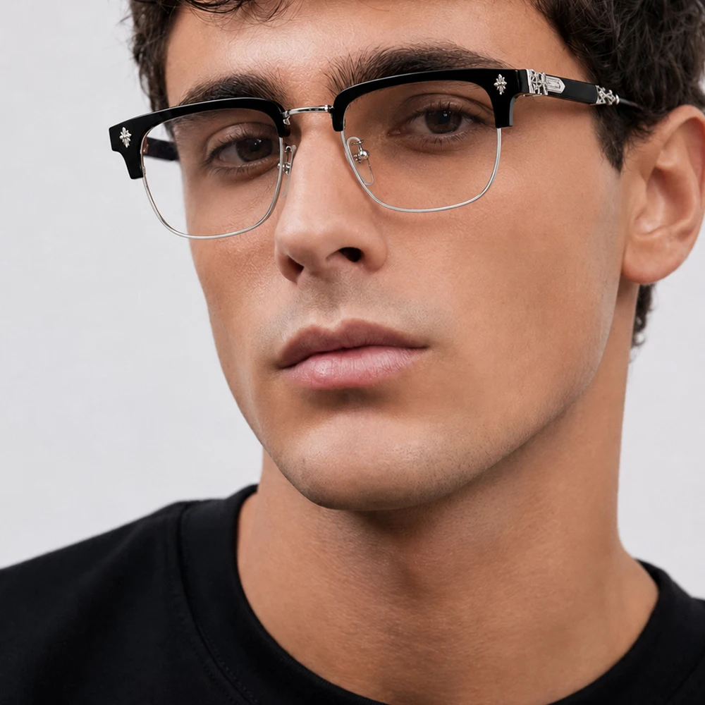 2/3 Stück Luxuriöse Kreuzgravierte Halbrahmen-Brille für Damen und Herren Retro Quadratische Blaulichtfilter-Brille Vintage Metall-Computerbrille – Detail 1
