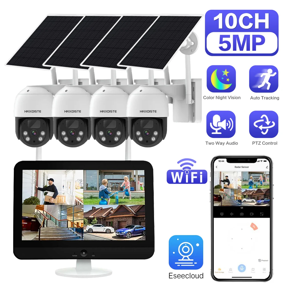 

5MP WiFi CCTV Kit LCD Monitor NVR Set Solar Wireless PTZ IP Camera System 2-way Audio Home Security Surveillance Cameras Outdoor