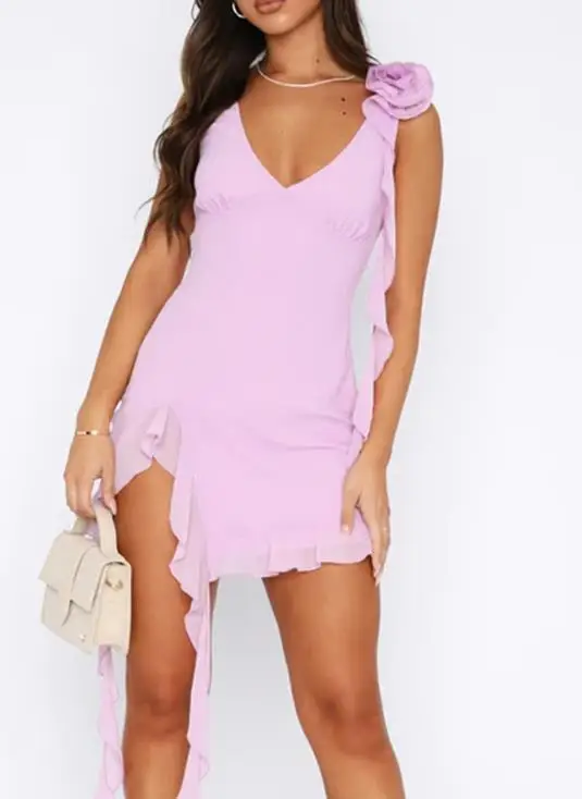 

Women's Dress Summer New Fashionable Sexy Beach Vacation Style Solid Color V-Neck Flower Decal Waist Cinched Sleeveless Dress
