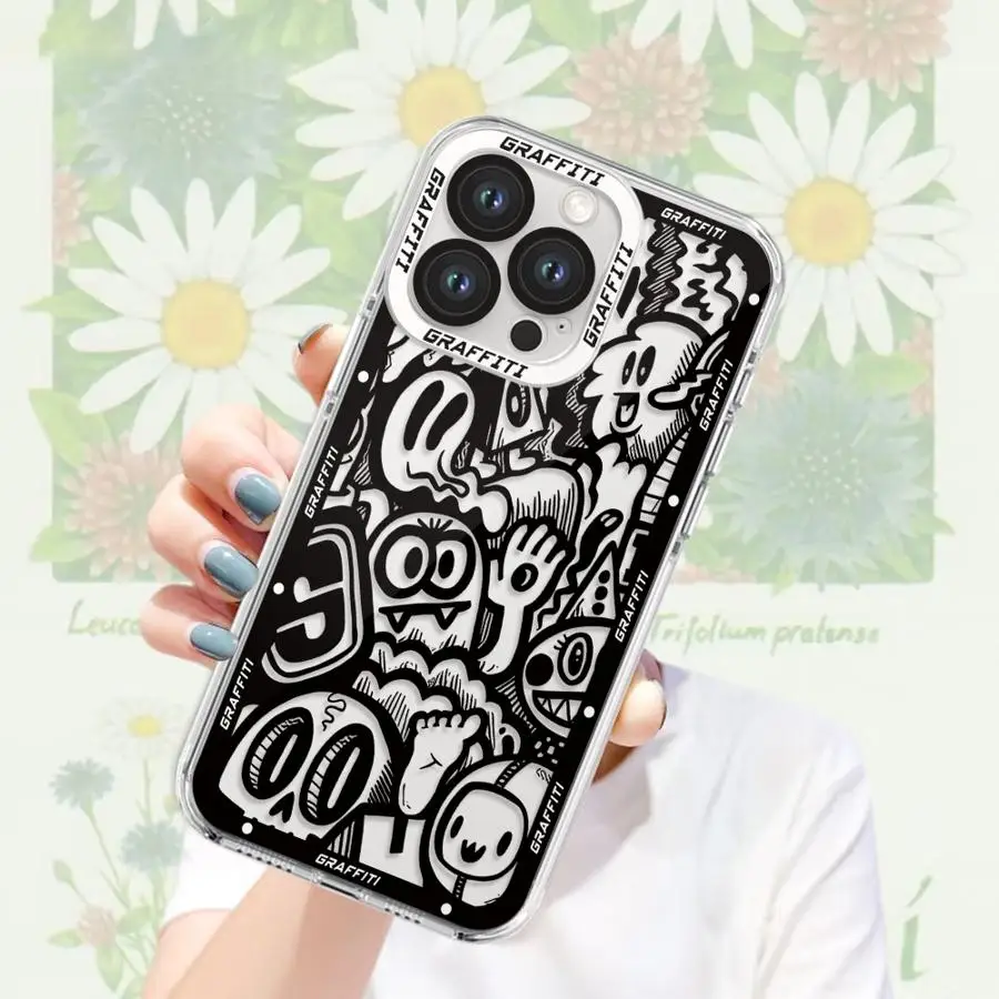 حافظة لهاتف آيفون 16e XR XS 13 12 11 Pro MAX 16 15 14 Plus 7 8 Graffiti باللون الأسود الفاخر