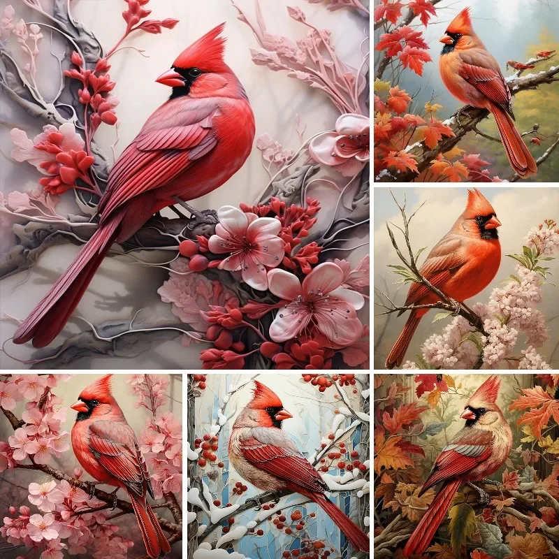

5D Diamond Painting Spring Cardinals & Cherry Blossoms , Diy Full Square/Round Diamont Embroidery Red Cardinal Birds Decor