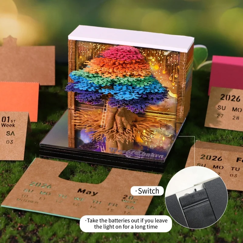 Calendrier de bureau 2026 avec lumière LED, calendrier 3D en forme de déchirure, sculpture sur papier, bloc-notes artistique, cadeau de noël