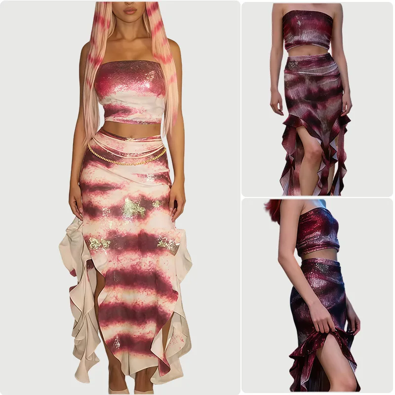 2025 New Gradient Bustier Top Ruffle Split Skirt Set Sexy Elegant Evening Dress