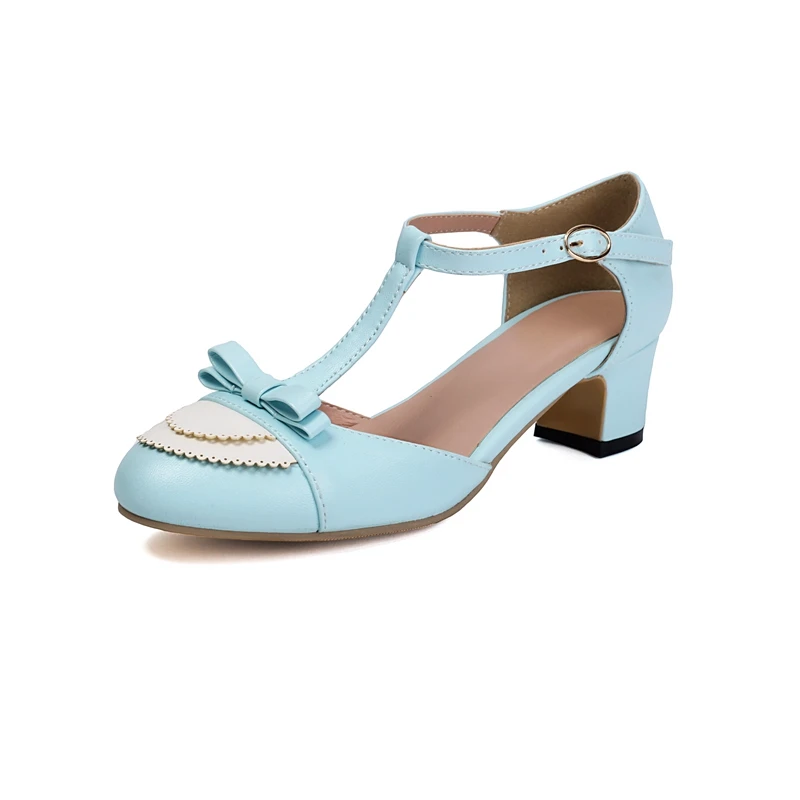 

ORCHALISA 2025 Women Sandals Round Toe 4.5CM Low Thick Heels T Strap Buckle Big Size 40 41 42 43 Black Blue Pink Comfort Sweet