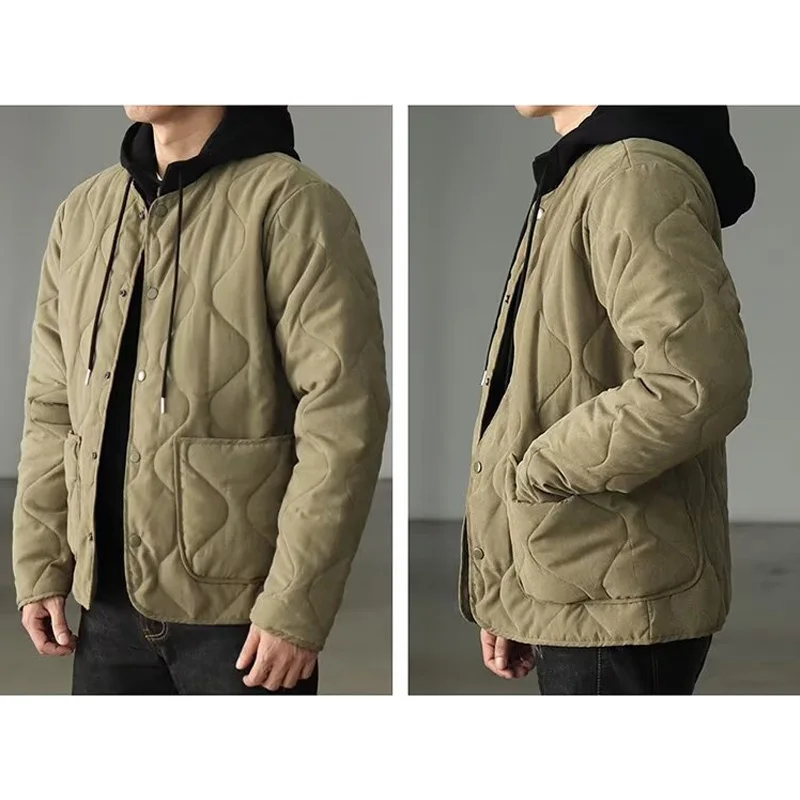 Vintage Coat Jacket Men Amekaji Safari Quilted Thickened Jacket Crewneck Solid Color M65 Casual Parka Winter Warm Cargo Liners