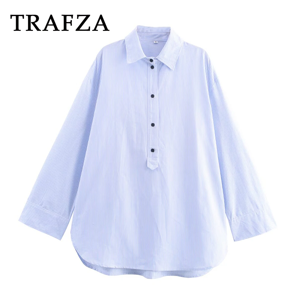 

TRAFZA 2025 Chic Casual Striped Women Shirt Loose Buttons Streetwear Long Sleeve Fashion Elegant Autumn Oversized Female Shirt
